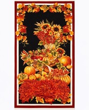 Fall Harvest Fabric Panel Pumpkins Sunflowers Cornucopia 23x42 Autumn