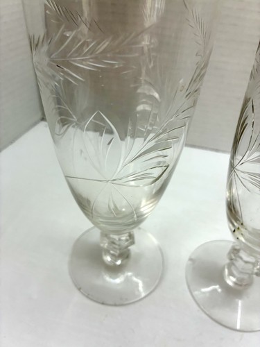Etched Leaf Crystal Wine Goblet Tiffin Franciscan 8” Tall Set Of 2 Vintage