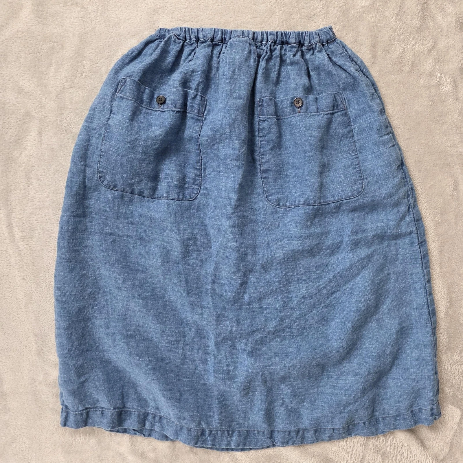 CP Shades Skirt Womens XS Blue Linen Elastic Waist Pocket Midi Made USA Casual