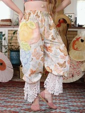Vintage Butterfly Print Long Bloomers Crochet Lace Ruffle Novelty Fruit Print L
