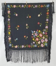 Vintage Hungarian Matyo Style Hand Embroidered Floral Shawl 125x122cm