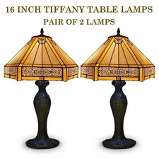 Pair of 2 Tiffany Table Lamps 16 inch Yellow Hexagon Style Shade Stained Glass