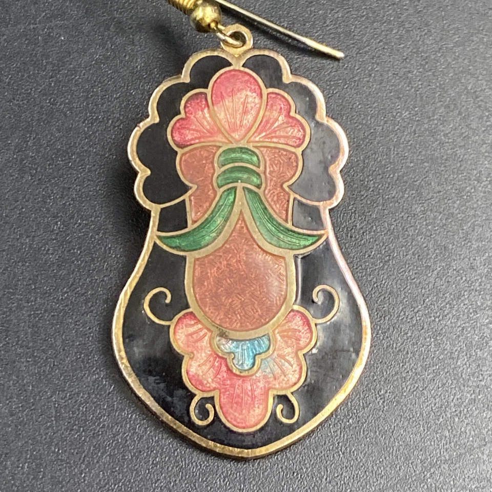 Vintage 80s 90s Cloisonne Shield Black Pink Enamel Dangle Earrings Boho Retro - Image 4 of 4