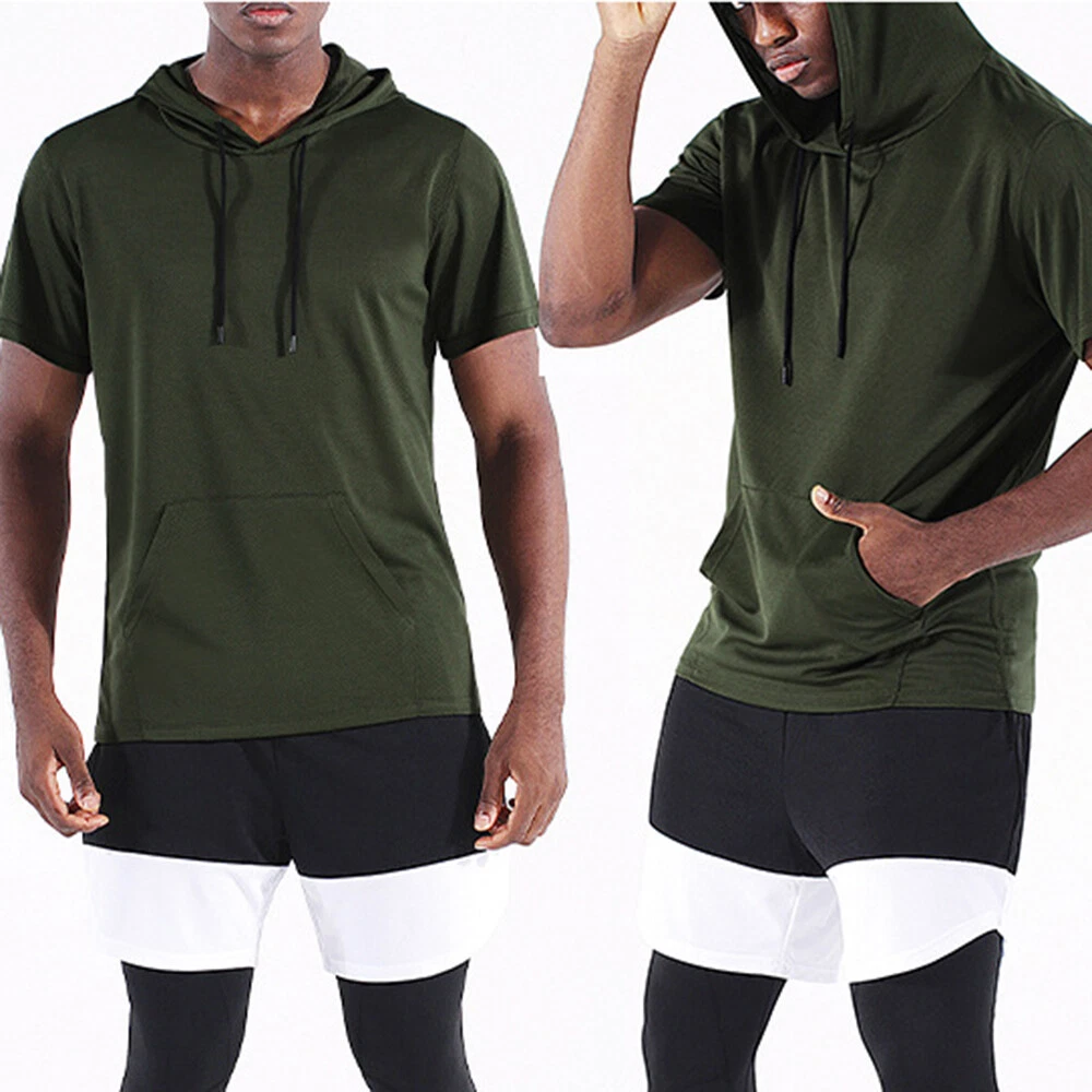 Summer Mens Short Sleeve Hooded Sport T Shirt Sportswear Tops Hoodie  Fitness Tee | eBay