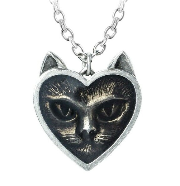 Alchemy Gothic Halskette Herz Cat Face AnhäNger P884 NWT Silber Schwarz-image