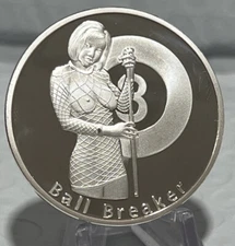 * “ Ball Breaker - Rack’em & Smack’em” Adult Nude Flipping Coin. Silver Finish