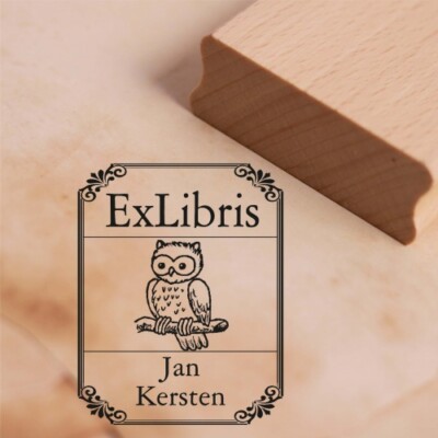 Ex Libris Stempel Niedliche Eule mit Name - Vintage Rahmen - Exlibris Motivstemp