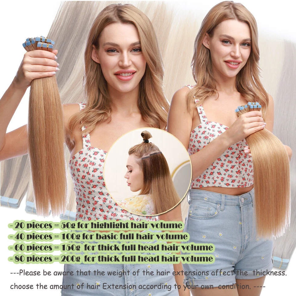 Tape In Human Hair Extensions Skin Weft Real 150g/60pcs Thick Full Head Balayage - Image 4 of 4