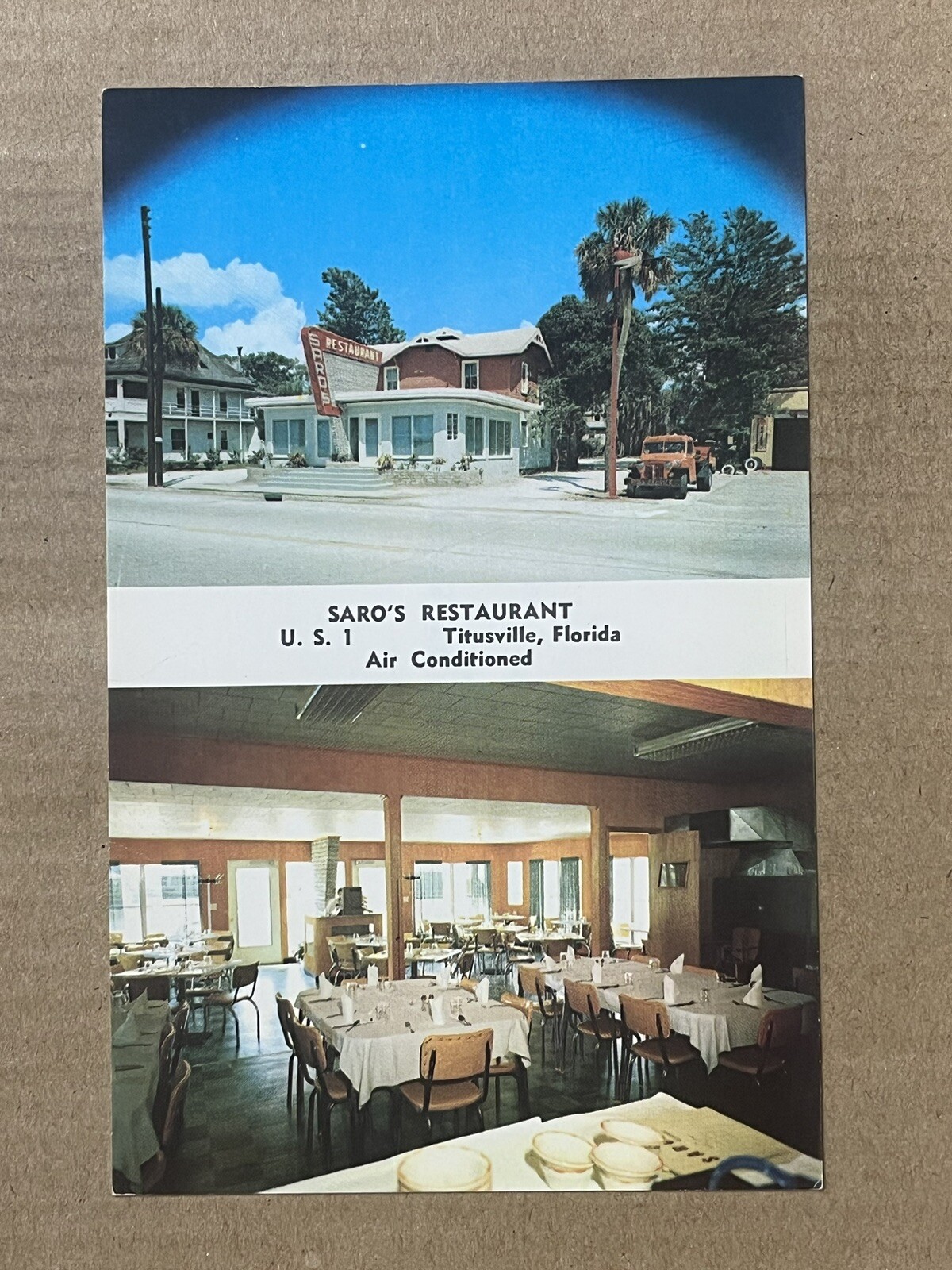 Postcard Titusville Florida FL Saro's Restaurant Old Tow Truck Vintage