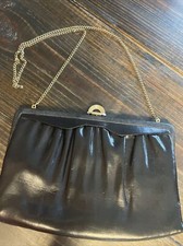 Mardane Black Leather Purse Clutch Convertible Handbag Chain Mirror USA VTG