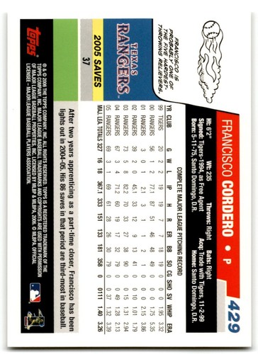 2006 Topps Francisco Cordero Texas Rangers #429 - Picture 2 of 2