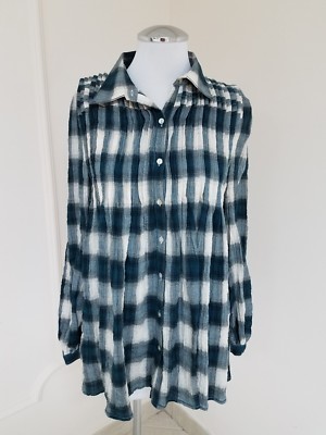 Max Studio Womens Button Down Plaid Ruched Long Sleeve Top Blouse Flared  Sz S