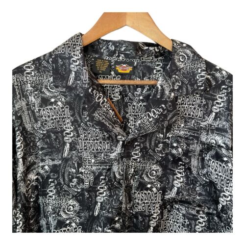 Harley-Davidson NWT Men’s Silk Camp Shirt Black Moto Biker Wrench Print VTG XL - Picture 3 of 12
