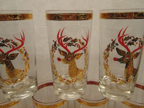 SET 7 Culver Christmas Rudolph Reindeer Red Jewel Nose 5 5/8" Glasses Tumblers - Picture 3 of 8