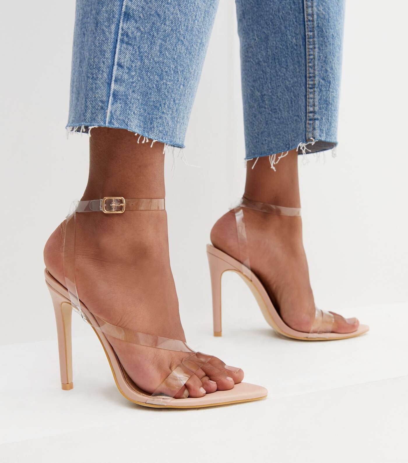 APL Sandali tacco a spillo Little Mistress rosa pallido cinturino invisibile nuovi uk 7