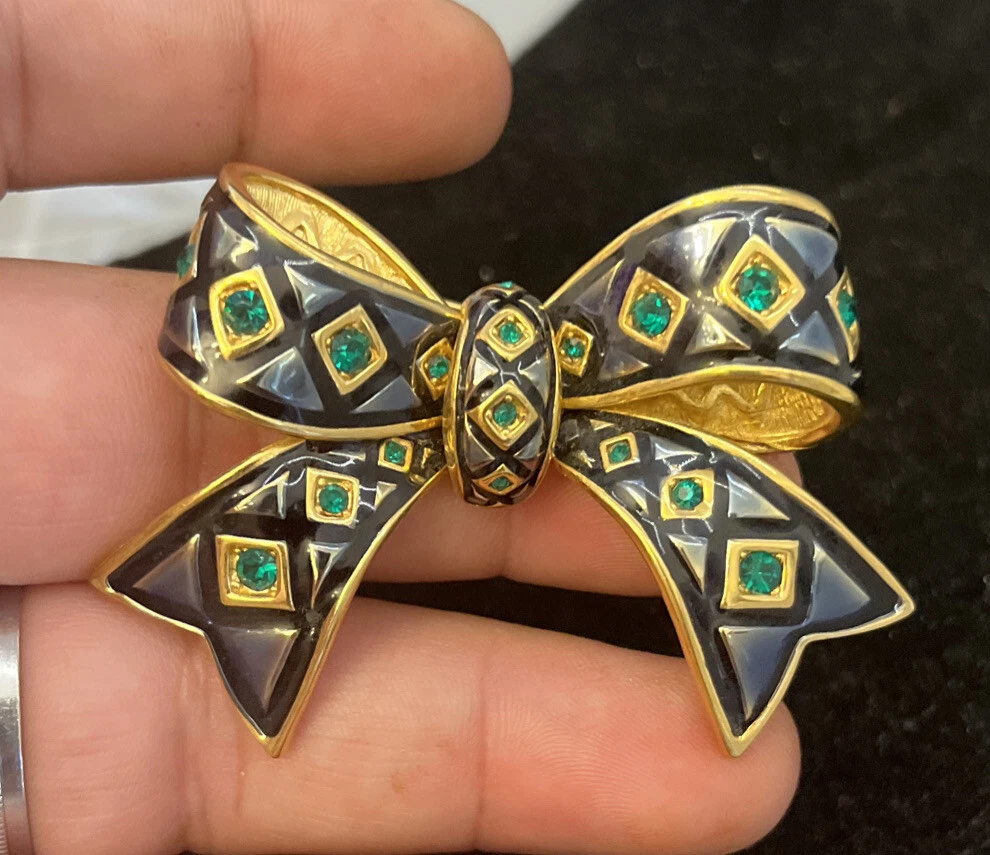 Vintage Joan Rivers Enamel and Rhinestone Bow Brooch Crystal Pin