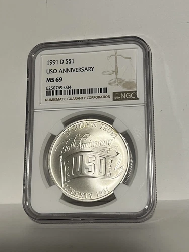 1991 D USO Anniversary Commemorative Silver Dollar - NGC MS69 