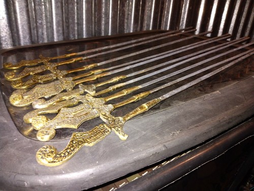 (10) Metal skewers made in Greece high quality vintage Grecian decorative handle
