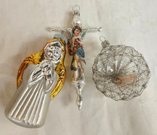 Vintage 3 Glass Ornaments Religious Silver Cross with paper wrapped wire diorama