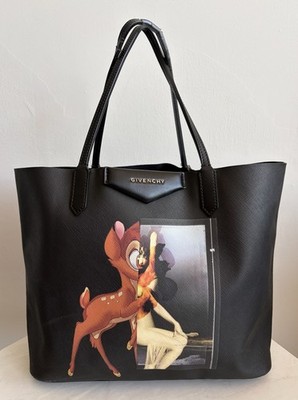 GIVENCHY Black Textured Coated Canvas Bambi Antigona Tote Bag w/ Zipper Pouch