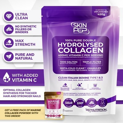 Kollagen Pulver Peptide + 400mg Vit C Rinder Halal Haare Haut Nägel Gelenke 450g