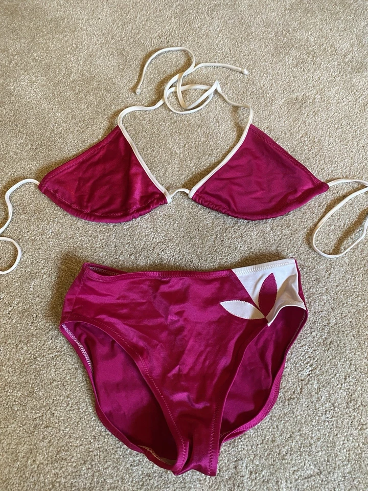 复古 50 年代 60 年代 De Weese Designs 泳装比基尼 8 Fucsia 白色珠光 2 件 — 第 2/4 张图片