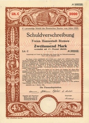 Schuldverschreibung der Freien Hansestadt Bremen- 2,000 Marks Bond Uncanceled
