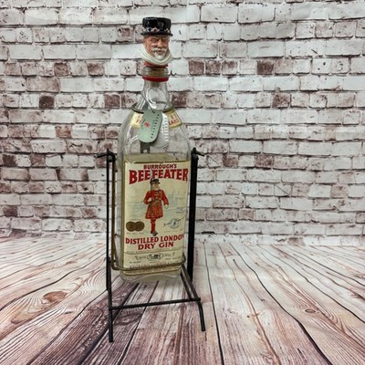 Vintage Beefeater Distilled London Gin Bottle With Metal Stand, Decorative Cap