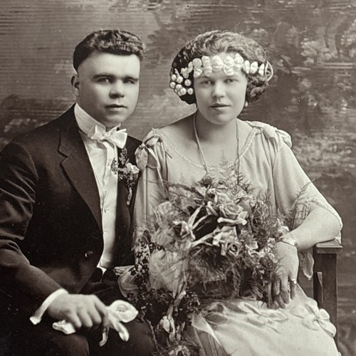 Foto coppia matrimonio vintage anni 1910 bianco e nero 5x7 velo ornato polacco epoca prima guerra mondiale - Foto 3 di 4