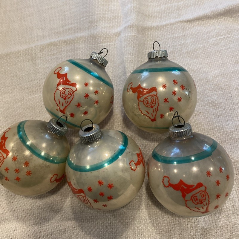 Vintage lot Of 5 Pictured SANTA Head Snowflake Christmas Ornament,Shiny Brite