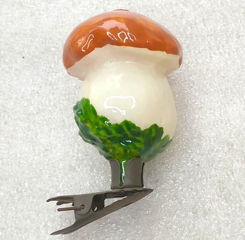 Antique Soviet Glass Mushroom Clip-On Ornament White Inside Paint Xmas Decor