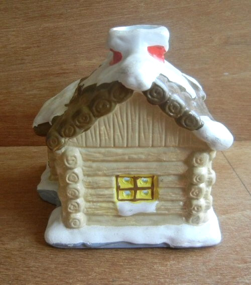 H.L. SNOW COVERED LOG CABIN TEA LIGHT CANDLE HOLDER W/TEA LIGHT CERAMIC TAIWAN