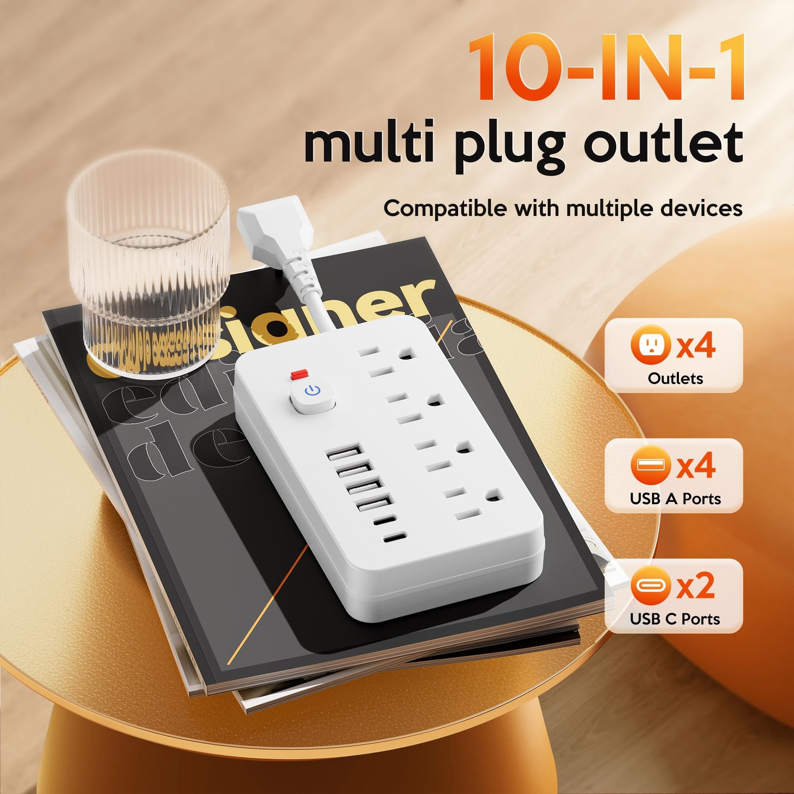 Surge Protector Power Strip - Short Extension Cord with 4 AC Outlets 6 USB Po...
