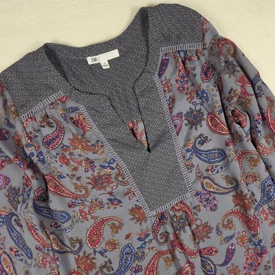 DR2 by Daniel Rainn Grey Paisley Floral Mixed Media Blouse Small DR19825PR1