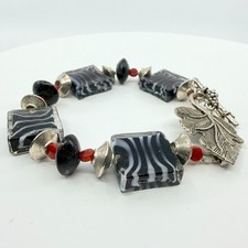 Vintage Silver Tone Black White Zebra Glass Strand Bracelet Toggle Clasp Boho