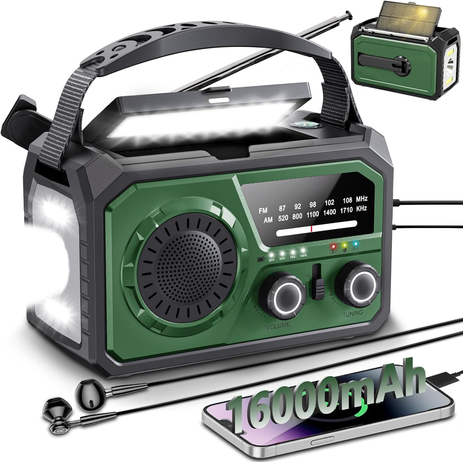 Radio dynamo 16000mAh à charge USB-C et sirène de détresse