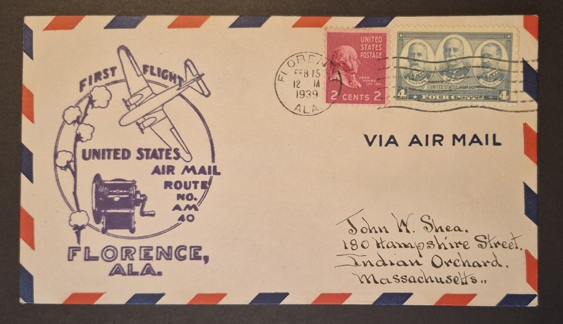 1939 First Flight Florence AL Alabama Airmail AM-40 40N8 AM 40 Air Mail Cover