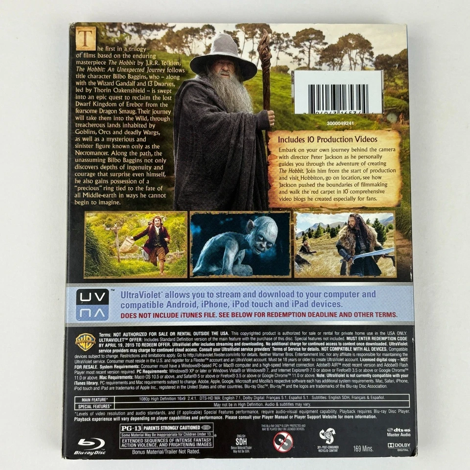 The Hobbit An Unexpected Journey [Blu ray DVD UV] 3 Disc Movie Film Slipcover - Image 2 of 4