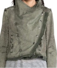 Free People Acid Wash Olive Asymmetrical Moto Jacket Raw Hem Snap Zip Size M