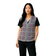 Vintage 70's Handmade Granny Square Crochet Vest Boho Italian Cardigan US M/L