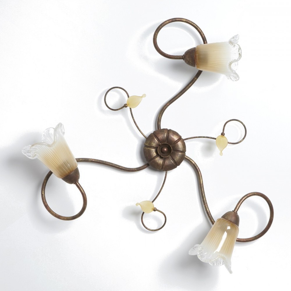 Plafoniera 3 Luci Ferro Battuto Artigianale Made in Italy Ottone-Rame