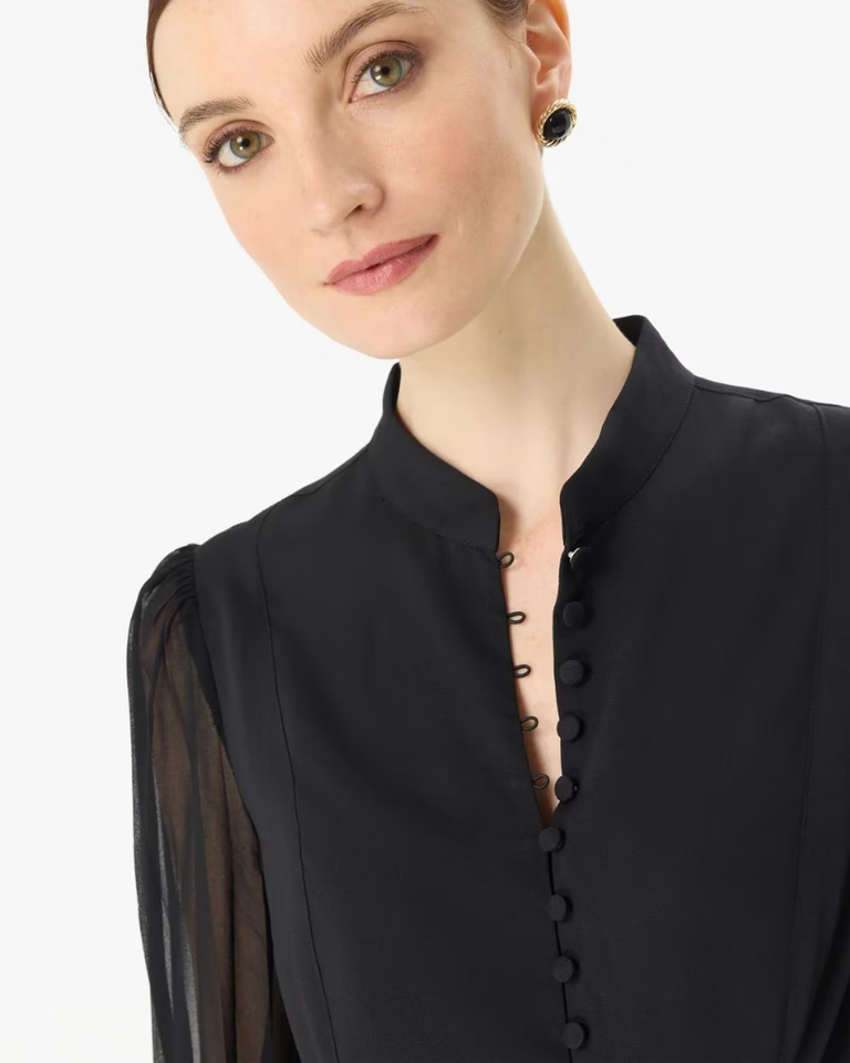 White House Black Market(WHBM) Crepe + Chiffon Button Front Blouse | eBay