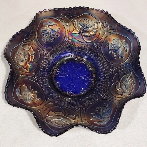 Fenton Cobalt Blue Dragon & Lotus 9" Carnival Glass Ruffle Footed Bowl VICTORIAN