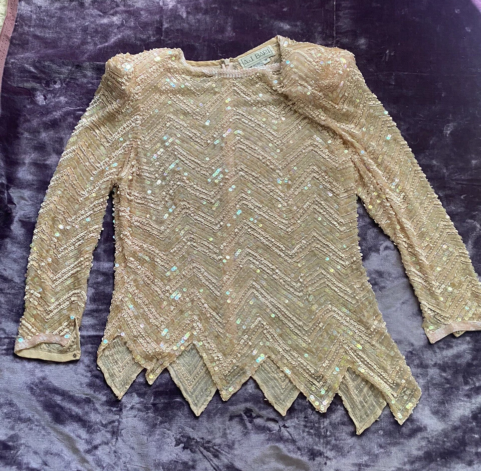 A.J. Top Bari 100% Seda Lentejuelas Cuentas, Talla 14 Melocotón Asimétrico Glamour Disfraz M Foto 2 de 4