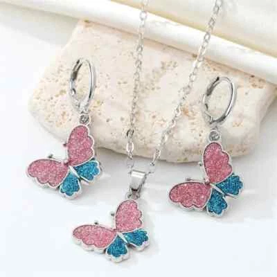 Damen Ohrringe & Halskette Silber Frauen Schmetterling Anhänger Geschenk Frau - Bild 1 von 4