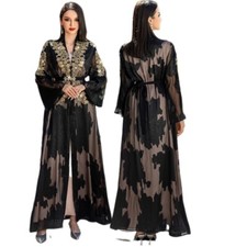 Elegant Lace Abaya Female Embroidery Cardigan Inner Dress 2PCS With Belt Party