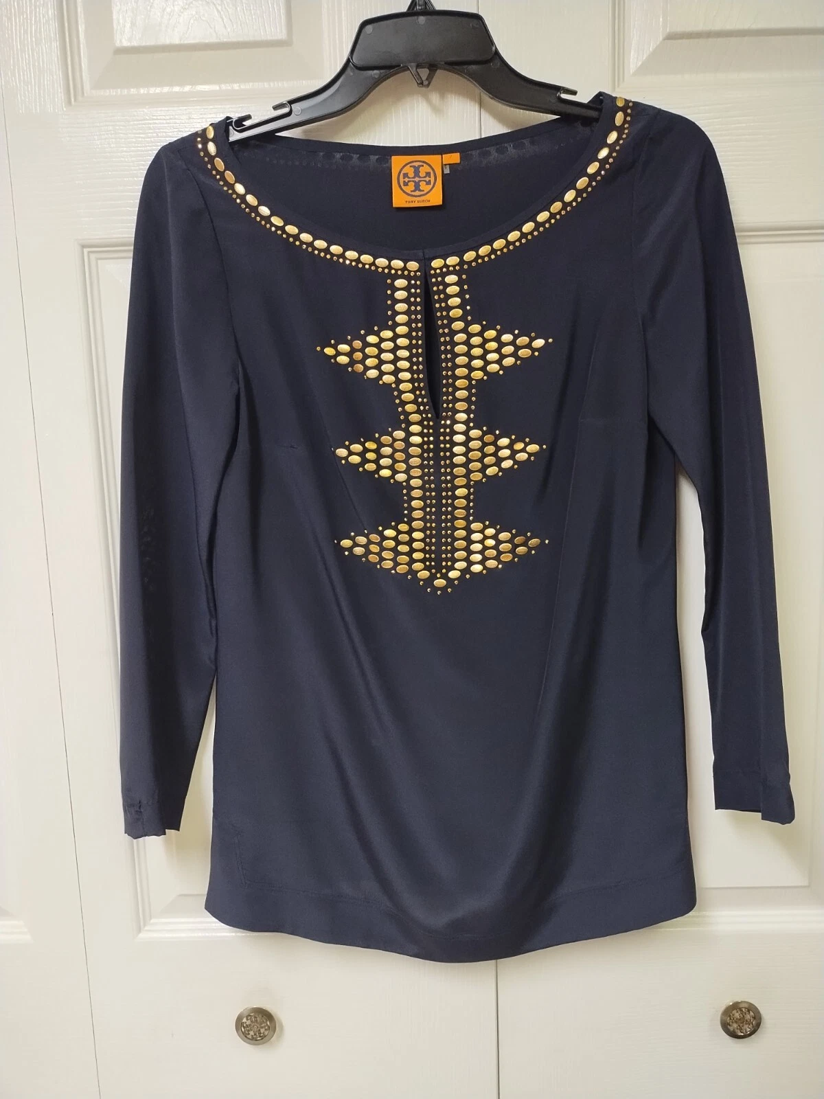 Camicetta tunica in seta blu navy TORY BURCH con borchie tono oro taglia 2 usata