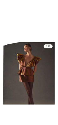 Ronny Kobo X Anthropologie tiered deep v- neck metallic gold dress size M  NWT | eBay