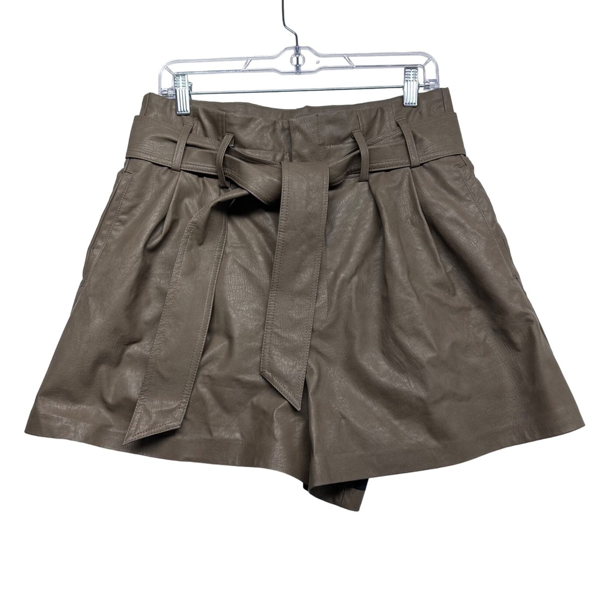 Zara Womens Faux Leather Belted Shorts With Pockets Size L Taupe High Waist