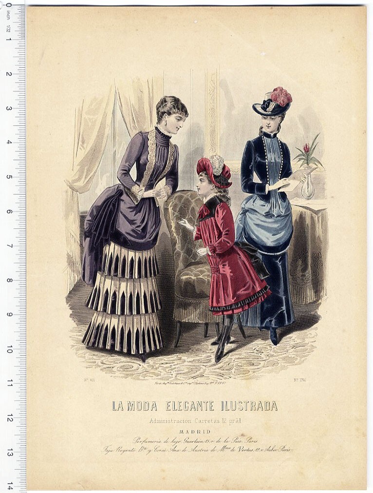 Original 1880's Fashion Print WOMEN Girl Gowns Dresses Hand